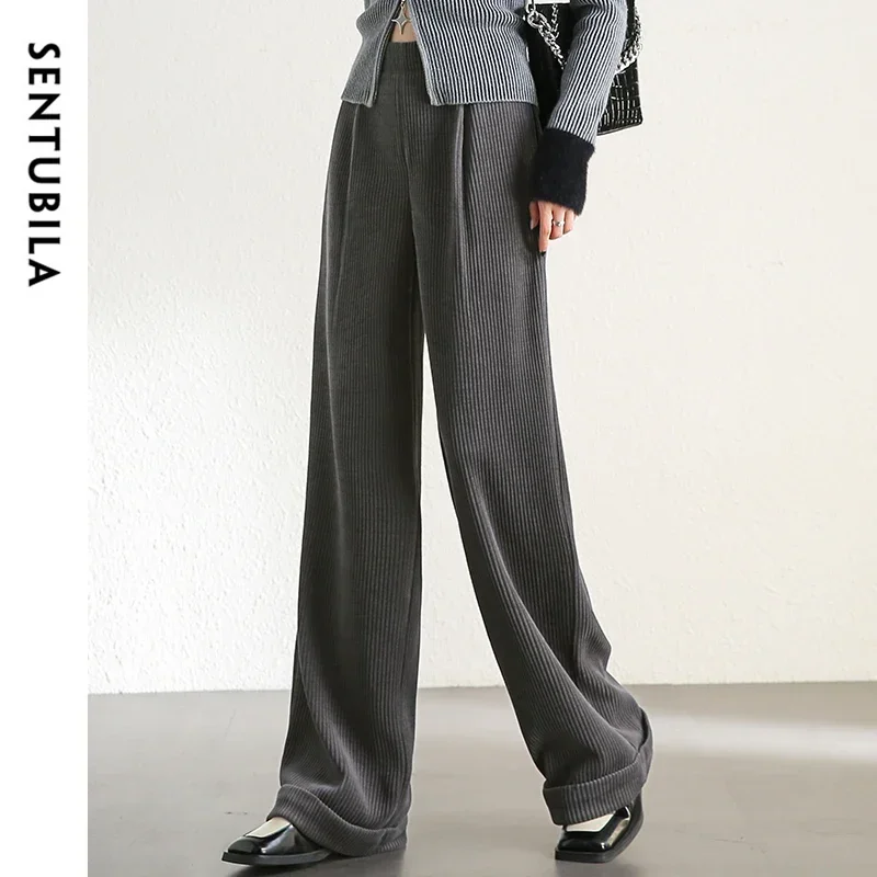 SENTUBILA Casual Loose Pants Women 2024 Winter Elastic Waist Wid-leg Pant Fashion Solid Folds Trousers Female Clothing 134K52809