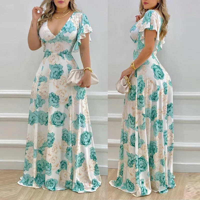 

TOY-2025New Women's Fashion Independent StoreVPrinted Long Sleeve Flared Waist Long Dress