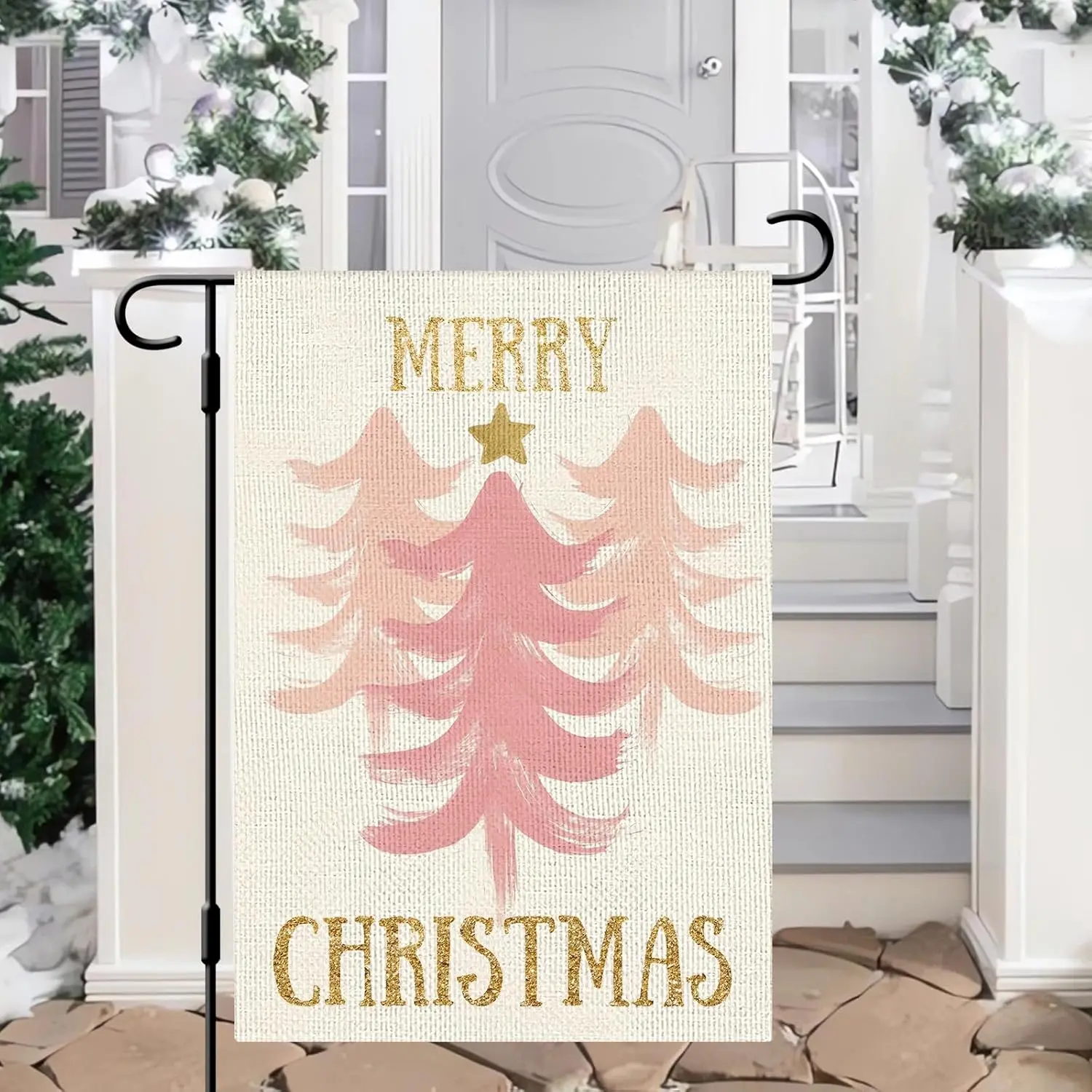 DLZDN Pink Merry Christmas Evergreen Tree Garden Flag 12×18 Inch Double Sided Rustic Farmhouse Yard Flag Christmas Winter Outdoo