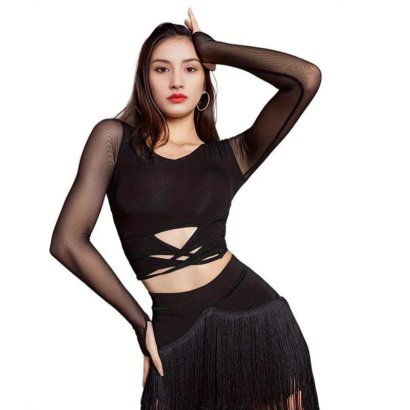 2023 Vrouwen Latin Dance Top Dame Sexy Mesh Transparante Bandage Jas Stijldansen Concurrentie Kleding Dancewear