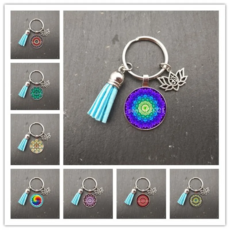 Brand new explosion Indian yoga mandala flower keychain glass cabochon keychain Buddhist chakra glass dome keychain