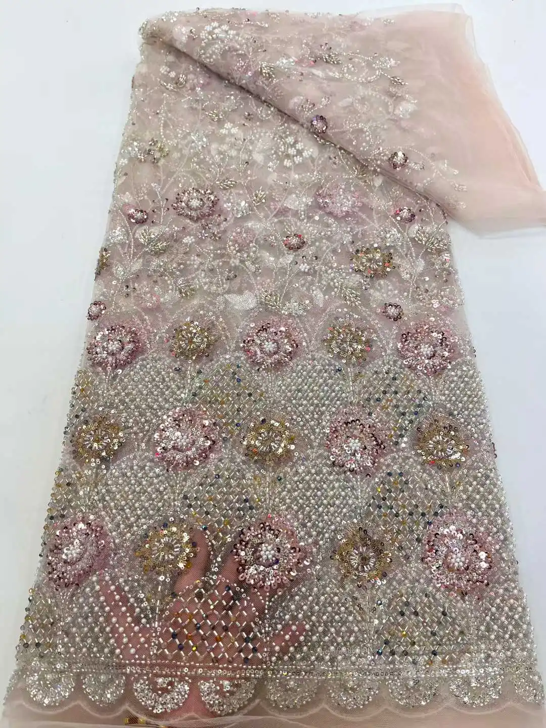 African Lace Fabric 2025 High Quality French Luxury 3D Flower Sequins Embroidery Beads Tulle Lace Fabric For Party Dress