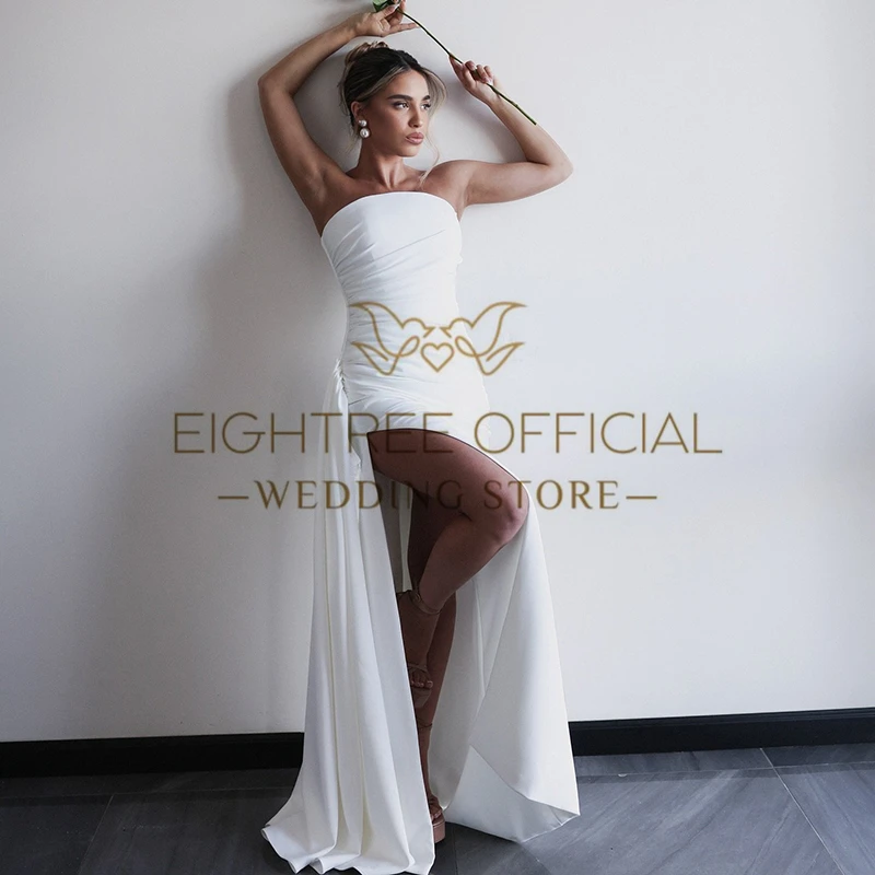 Eightree Einfache weiße Meerjungfrau-Brautkleider, trägerlos, seitlich geschlitzt, Satin-Brautkleid, formelle Maxi-Hochzeits-Abschlussballkleider, individuell gestaltet