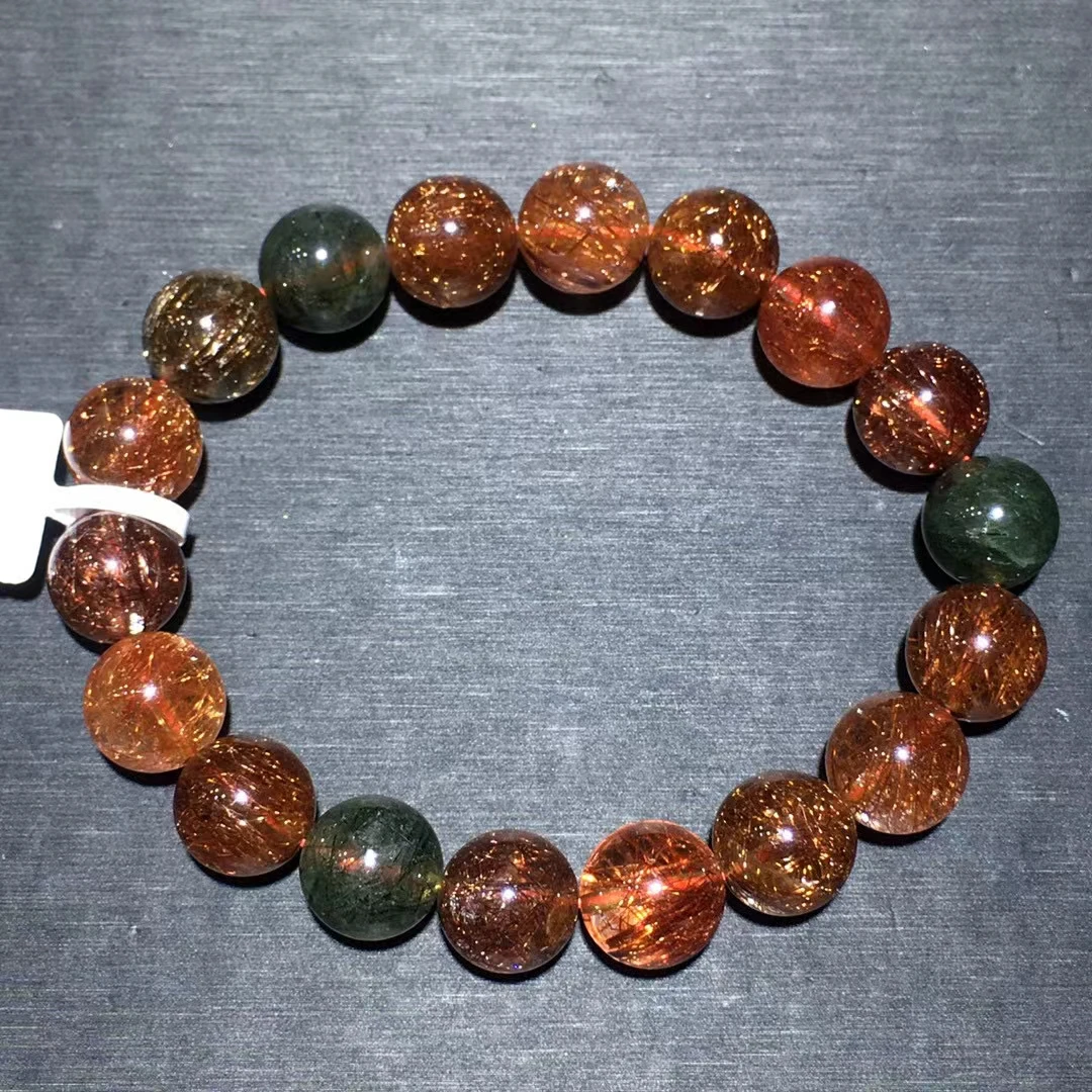 Natural Copper Rutilated Quartz Bracelet Green Rutilated 11.6mm Clear Round Women Bracelet AAAAAA