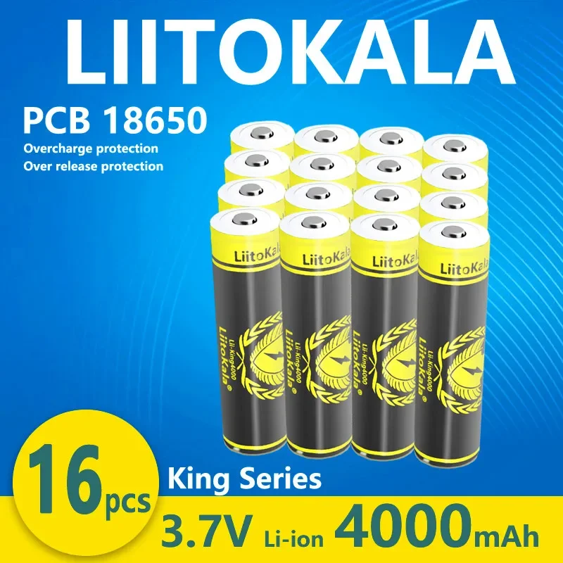 16pcs LiitoKala KING4000 พร้อม PCB 18650 แบตเตอรี่ชาร์จ 4000mAh ความจุสูง 3.7V ชี้ไฟฉายแบตเตอรี่