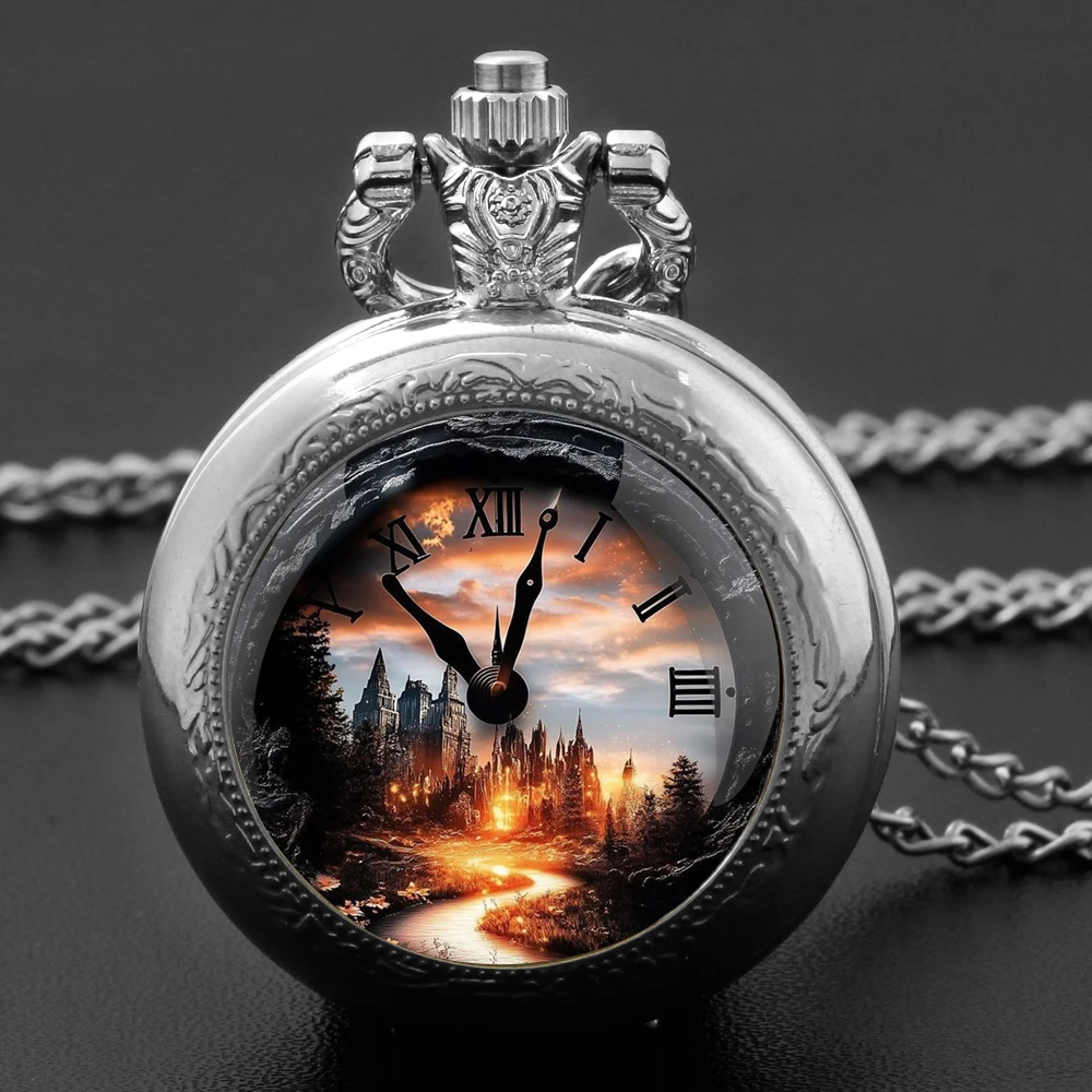 Exquisite Gift Time Machine Design Glass Dome Quartz Pocket Watch Necklace Men Women Unique Jewelry Pendant Birthday Gift