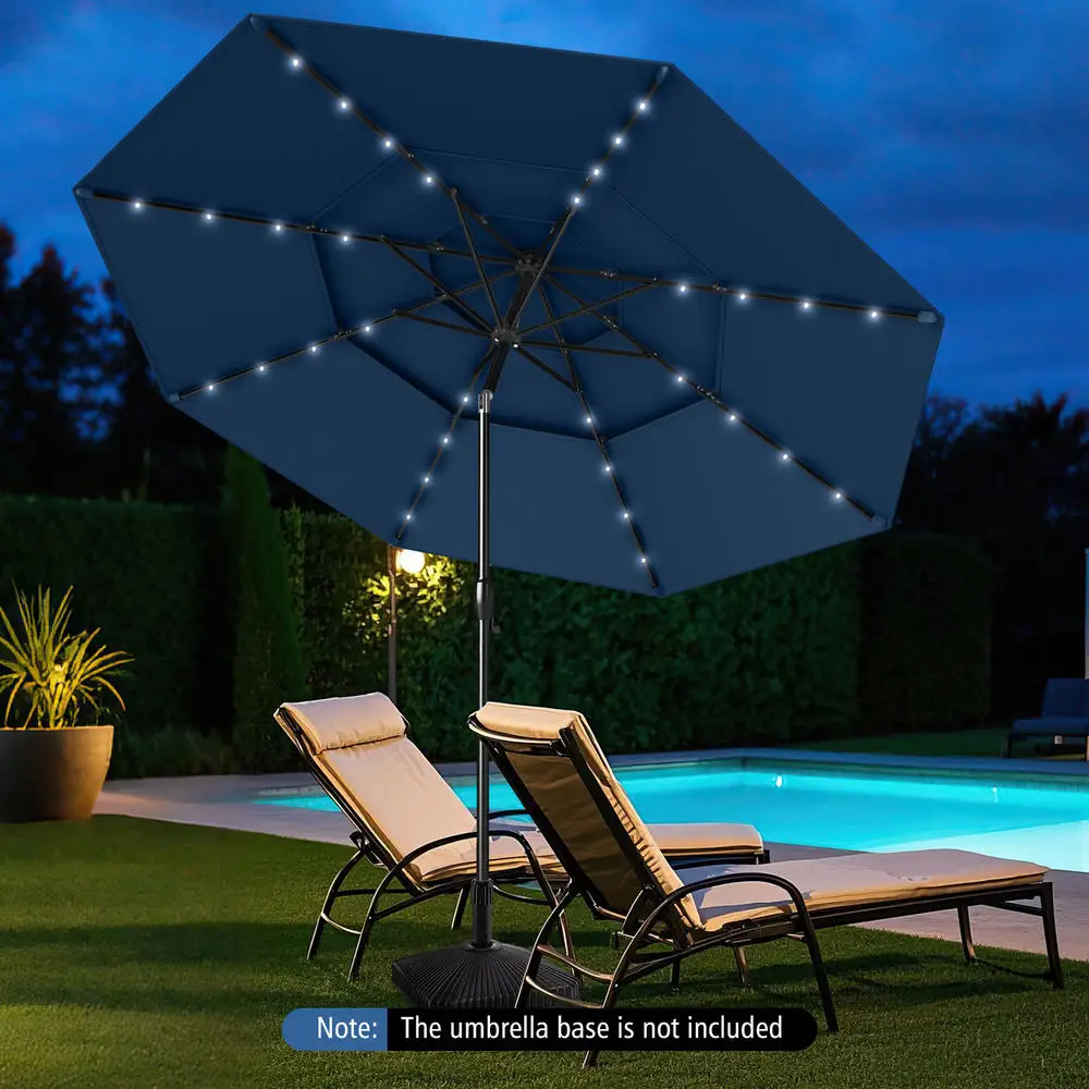 10 Ft Patio Umbrella With 3-Tier Ventilated Top And 32 Solar LED Lights, Crank Tilt Mechanism, Durable Metal Frame For Garden Poolside Commercial Cafe Use, Navy Blue