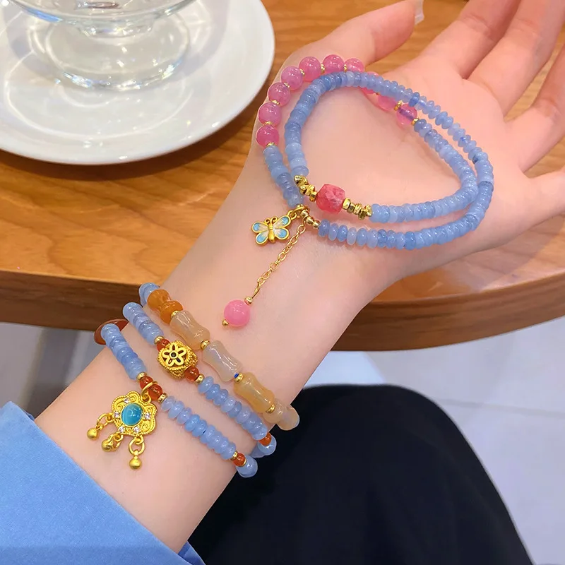 New Chinese Style Antique Traditional Han Clothing Accessories Multi-Circle Natural Stone Bracelet Butterfly Safety Lock Sweet L