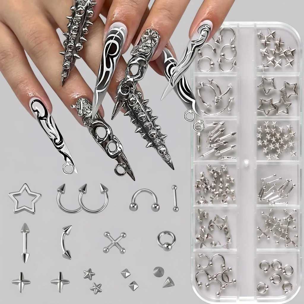 12 Grids Silver Cross Nail Charms 40Pcs Punk Gothic 3D Rhinestone Alloy Nail Art Decorations with Storage Box