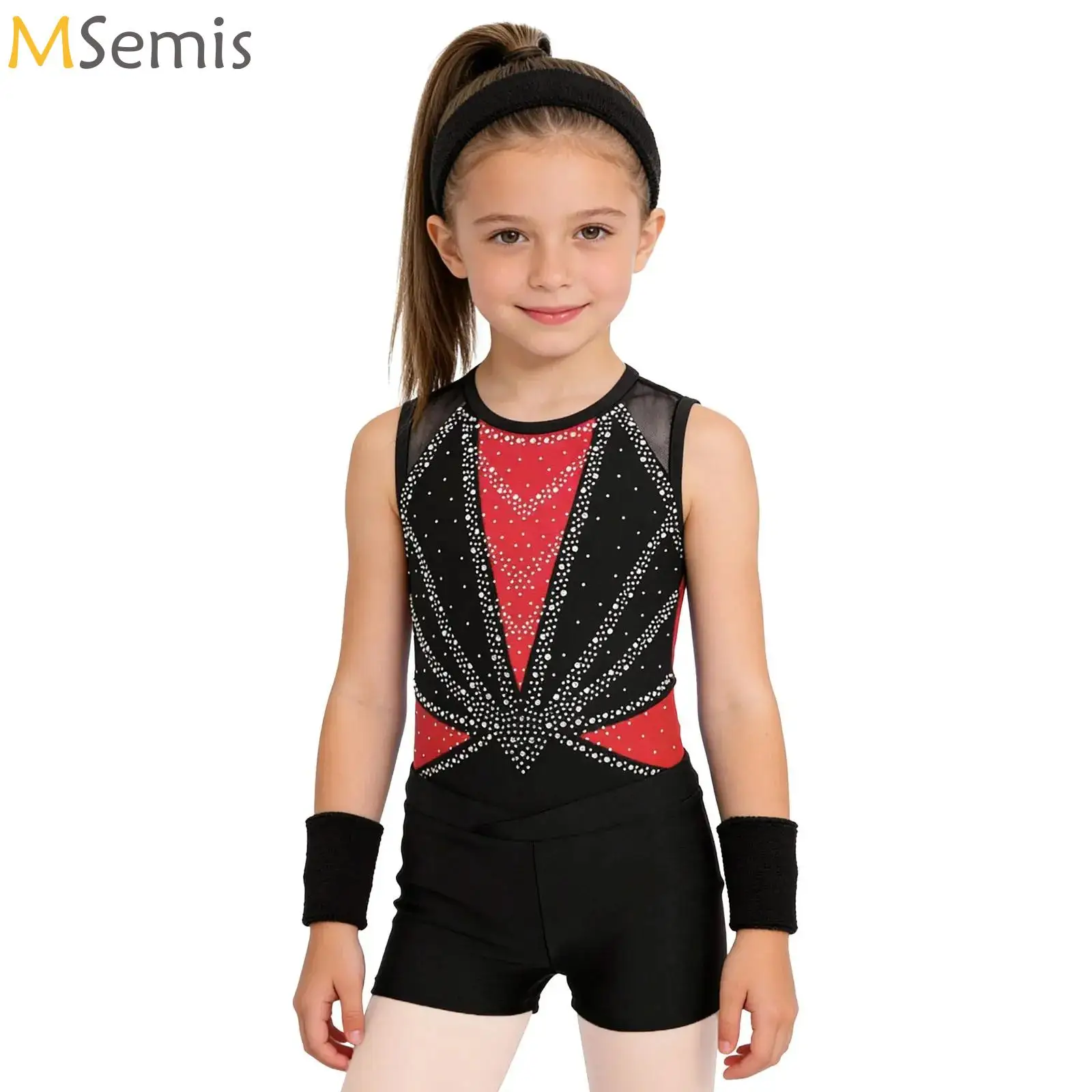 

Big Girl Ballet Dance Jersey Gymnastics Set Color Block Leotard with Shorts Headband Wristbands Athletic Unitard Biketard Outfit