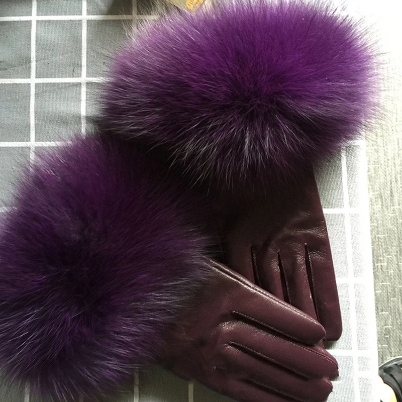 High Quality Genuine Leather Natural Big Fox Fur Women Gloves Purple Sheepskin Windproof and warm Ladies Lambskin Gloves