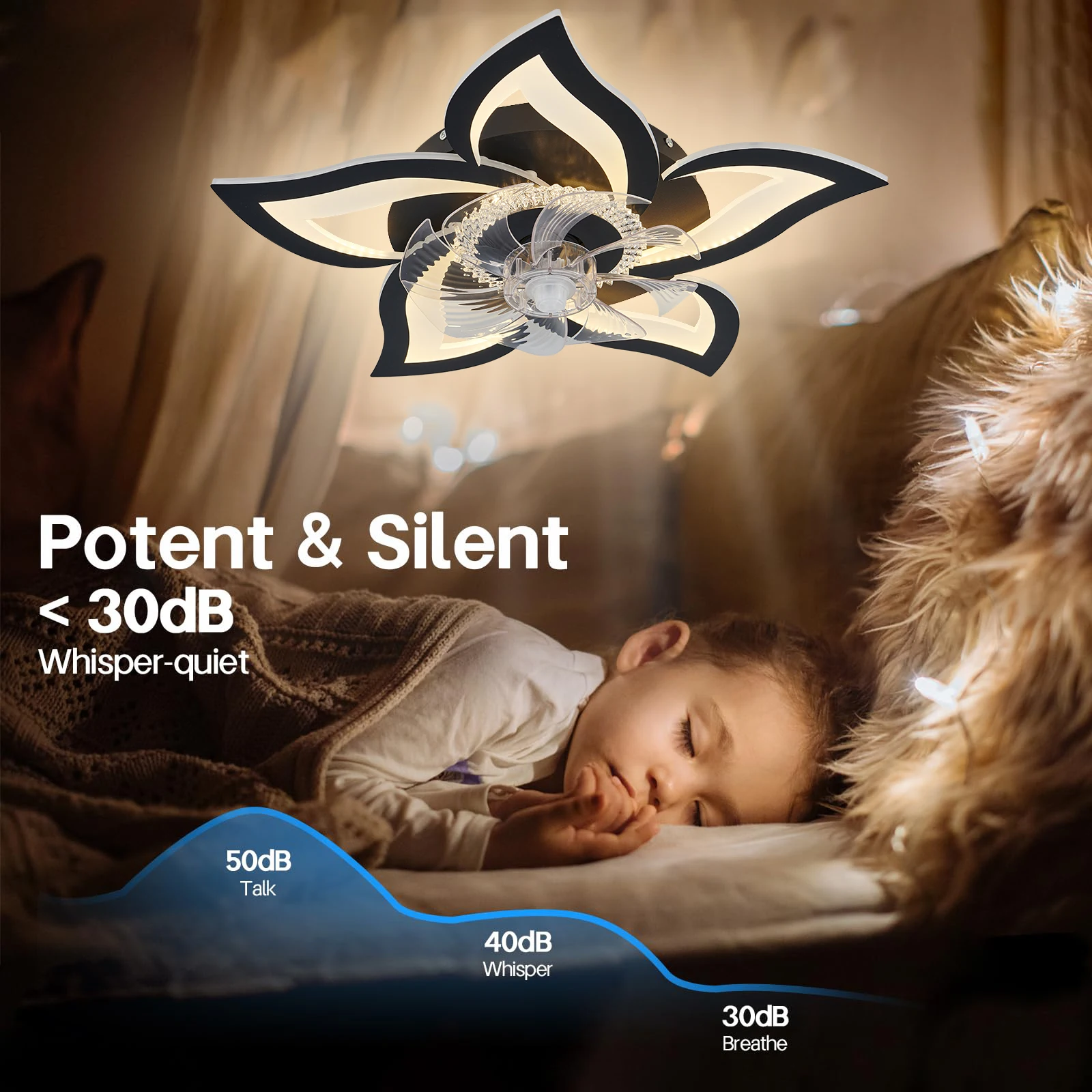 جيلينا فلوش جبل مراوح السقف بسيطة شكل زهرة أضواء مروحة LED مع جهاز التحكم عن بعد غرفة نوم أسود أبيض 6 سرعات LED مروحة الضوء