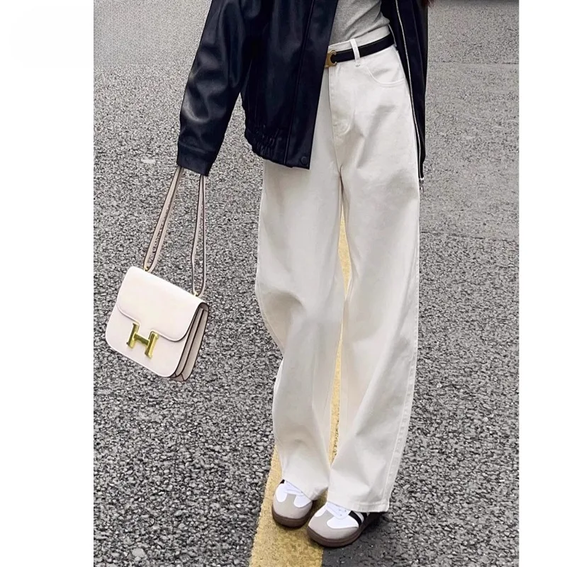 

White High-waisted Straight Jeans Women's Autumn Winter 2026 New Loose Wide-leg Denim Pants Casual Office Lady Trousers