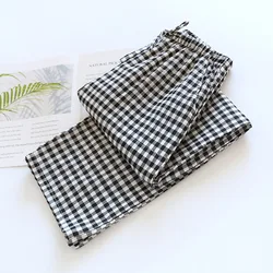Men Cotton Plaid Pajama Pants Student Home Pants Double Cotton Gauze Thin Easy to Clean Elastic Waist Casual Sleeping Pants