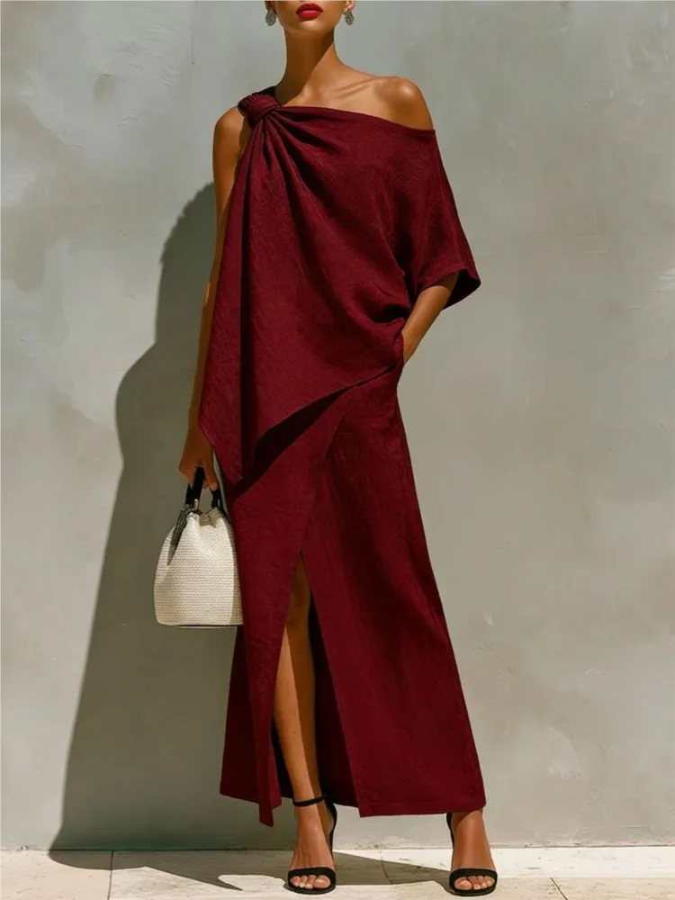 Summer Solid Irregular Two Piece Set Women Off Shoulder Knotted Top & High Slit Maxi Skirt Suit Elegant Casual Vacation Outfits image 3