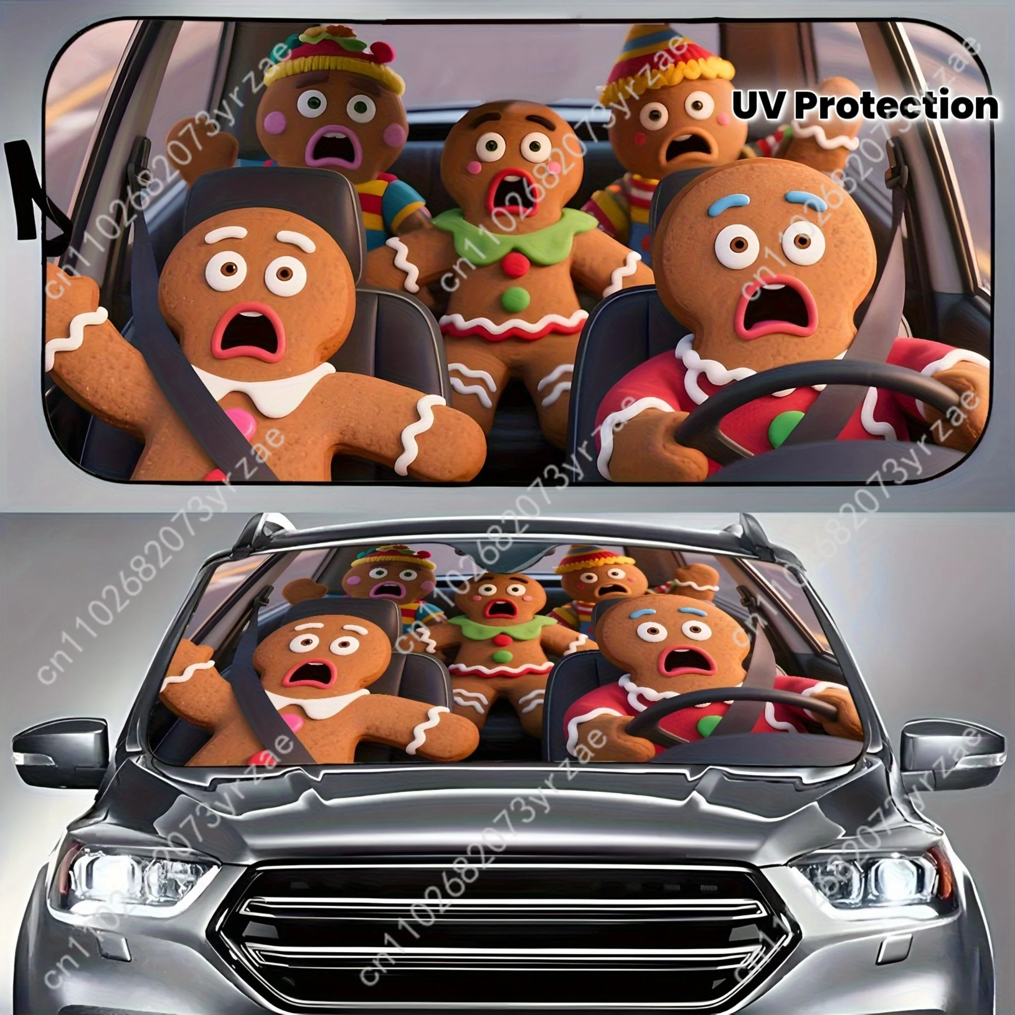 Gingerbread Man Car Sun Shade Good Heat Insulation Effect Windshield Sunshade Portable Waterproof Easy Clean Car Accessory