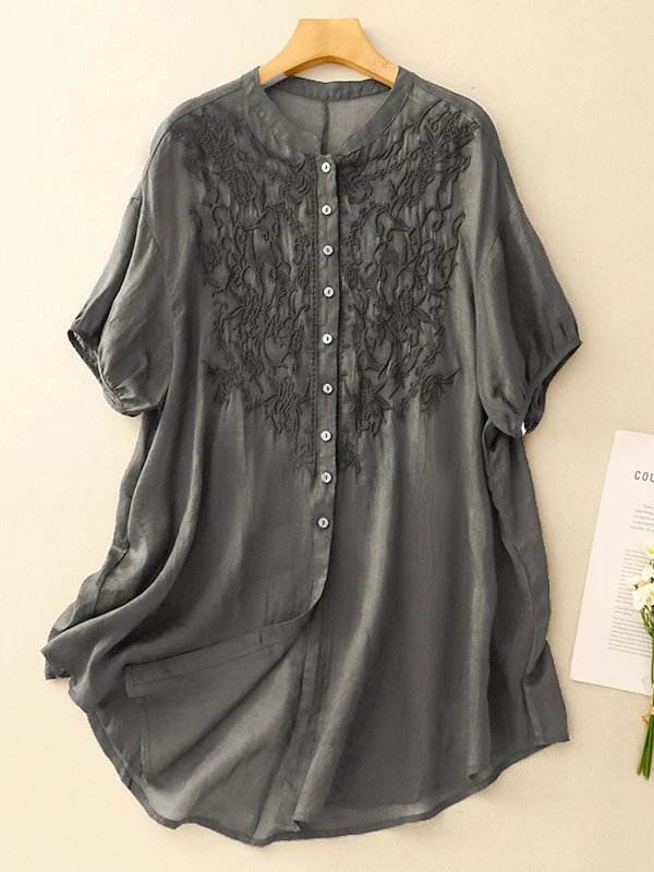 

Ele Japanese Sle Embroidered Loose Fit irt Women's Artistic Thin Medium Length ort Sve Blouse for plus Size