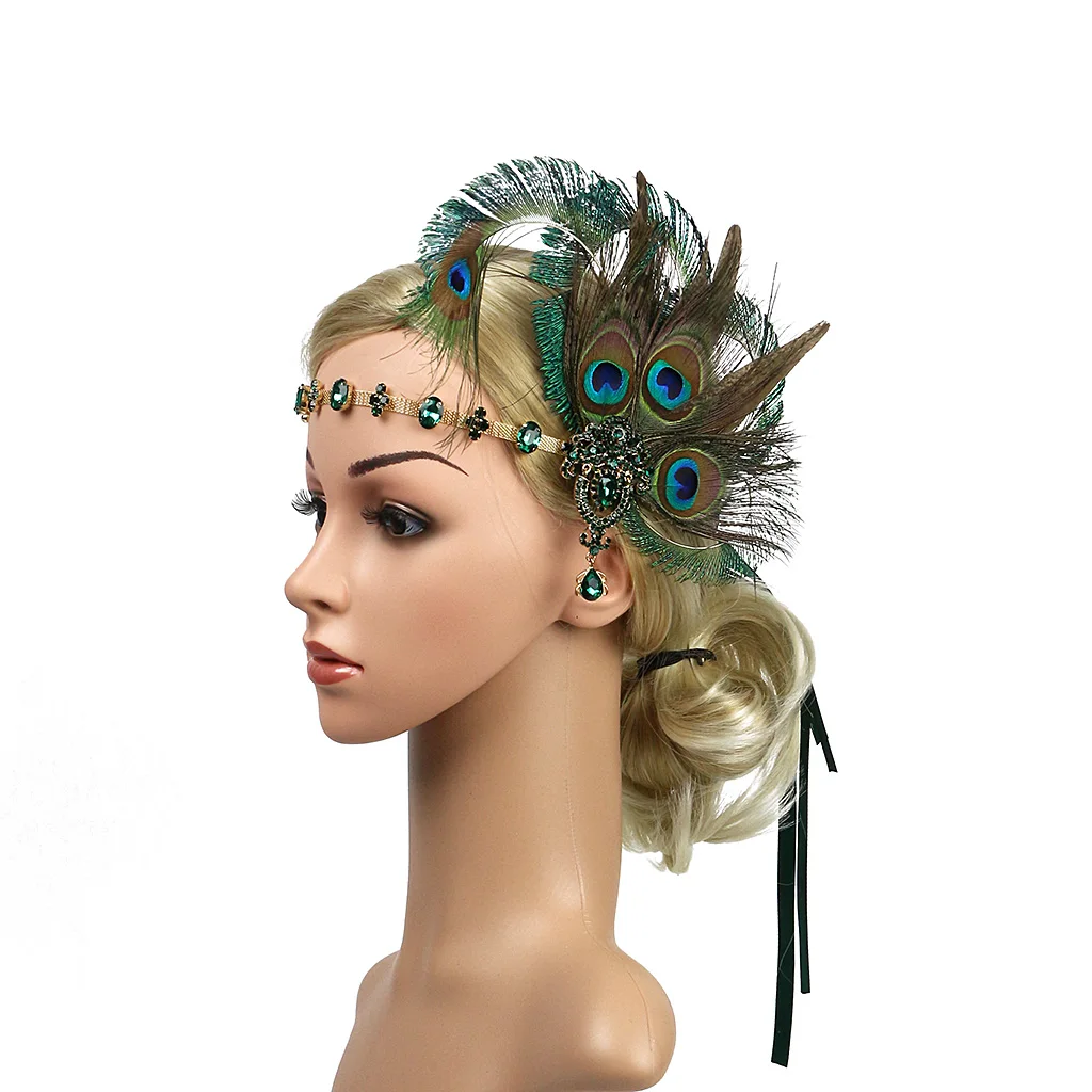 

New Peacock Feather Headband 1920s Flapeer Girl Headpiece with Rhinestone Tassel Vintage Party Photography Hair Accessories