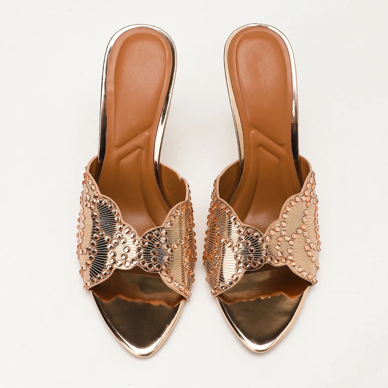 New Women's Summer High-Heeled Open-Toe Mules/Slides Featuring Wave-Pattern Rhinestones and Lace Ideal for Weddings and Banque