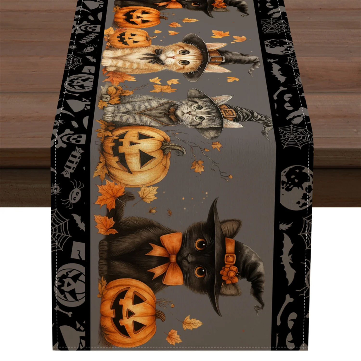 1pc Halloween Linen Table Runner Cute Witch Cat Pumpkin Print Multi Size, Fall Decor for Dining Table Kitchen Living Room Holida