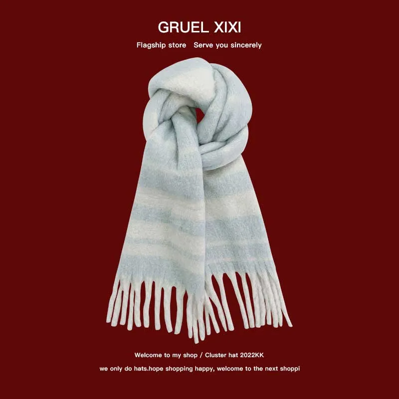 Winter Thick Warm Striped Cape Wraps Female Bandana Pashmina Shawl Luxury Cashmere Mohair Scarf Long Tassel Foulard Blanket