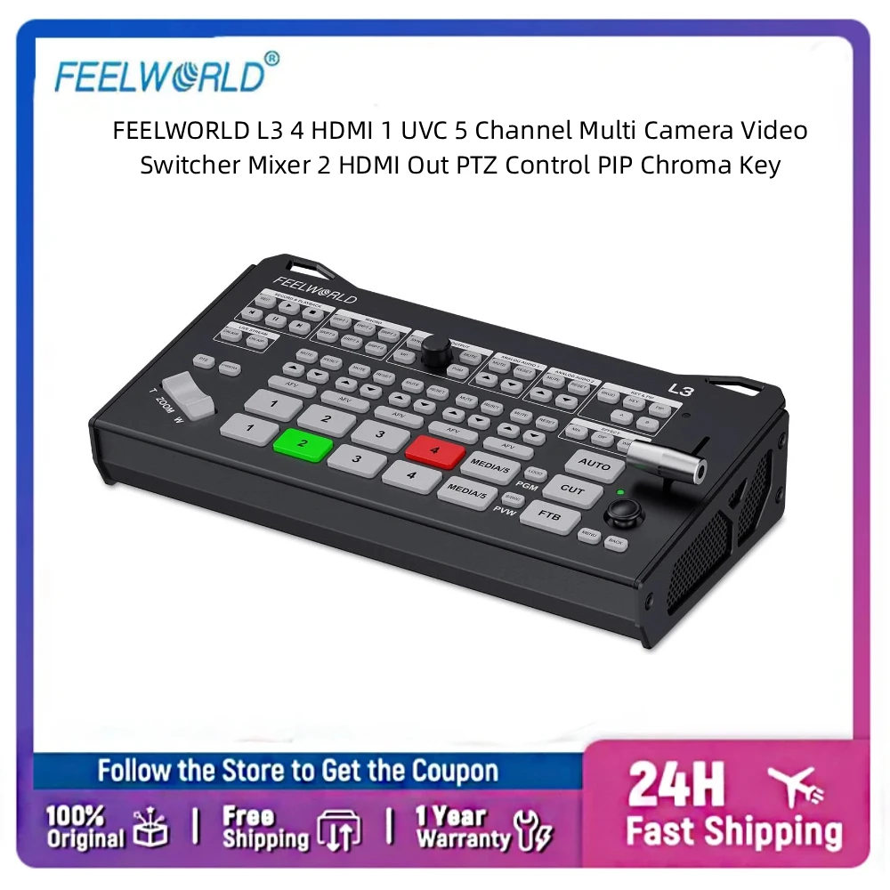 FEELWORLD L3 Multi-Camera Live Production Switcher 5CH Video Mixer PTZ Control RTMP Stream Record PIP Chroma Key for Church