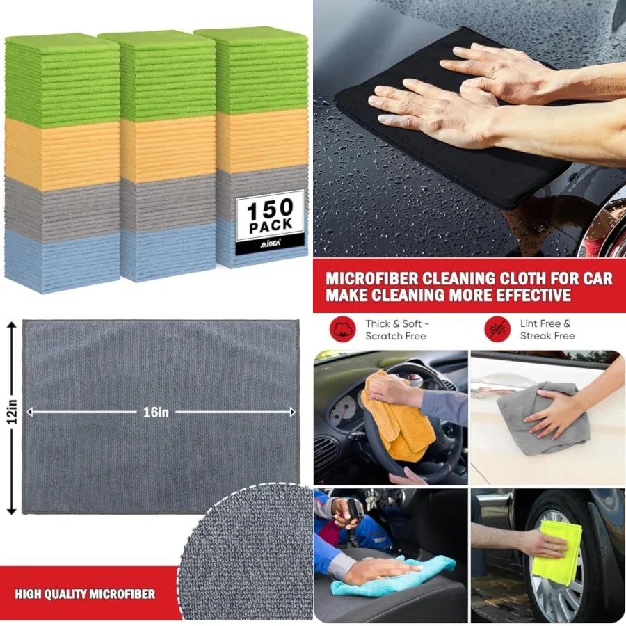 

Microfiber Cleaning Cloth 150 Pack, Microfiber Towels for Cars, Soft & Absorbent Cleaning Rags, Premium Lint Free Shop Towels for House, Kitchen, Car, 12inx16in