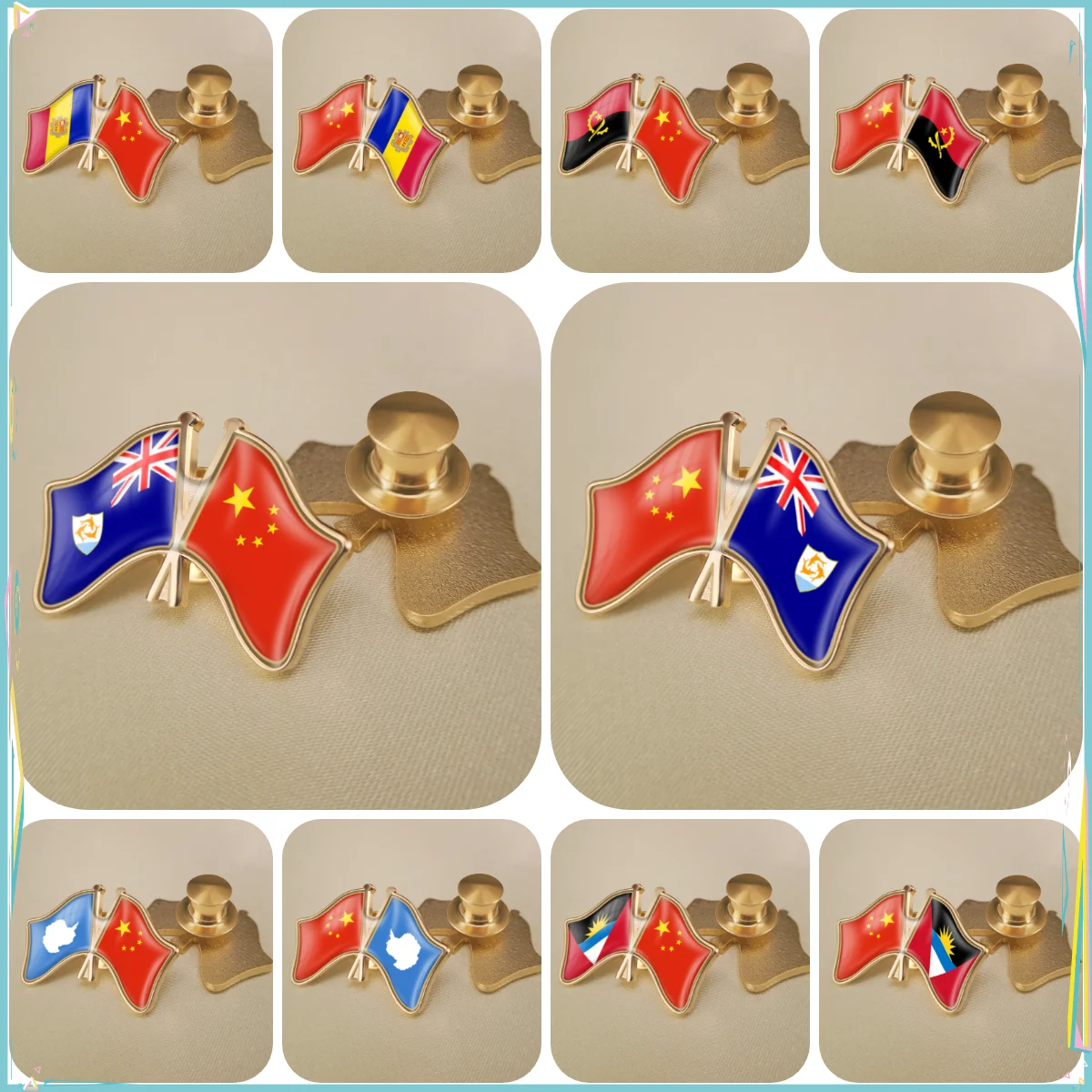 China and Andorra Angola Anguilla Antarctica Antigua and Barbuda Crossed Double Friendship Flags Lapel Pins Brooch Badges