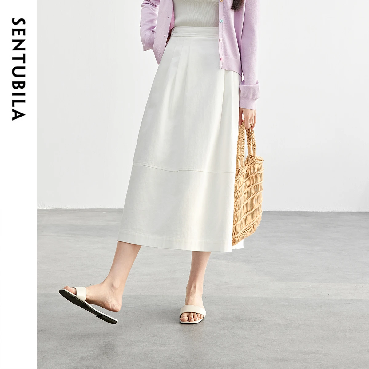 

SENTUBILA женские белые юбки, весна 2024, юбка-зонтик трапециевидной формы с эластичной резинкой на талии и карманами, элегантная юбка-миди для ленивых 151Q57900