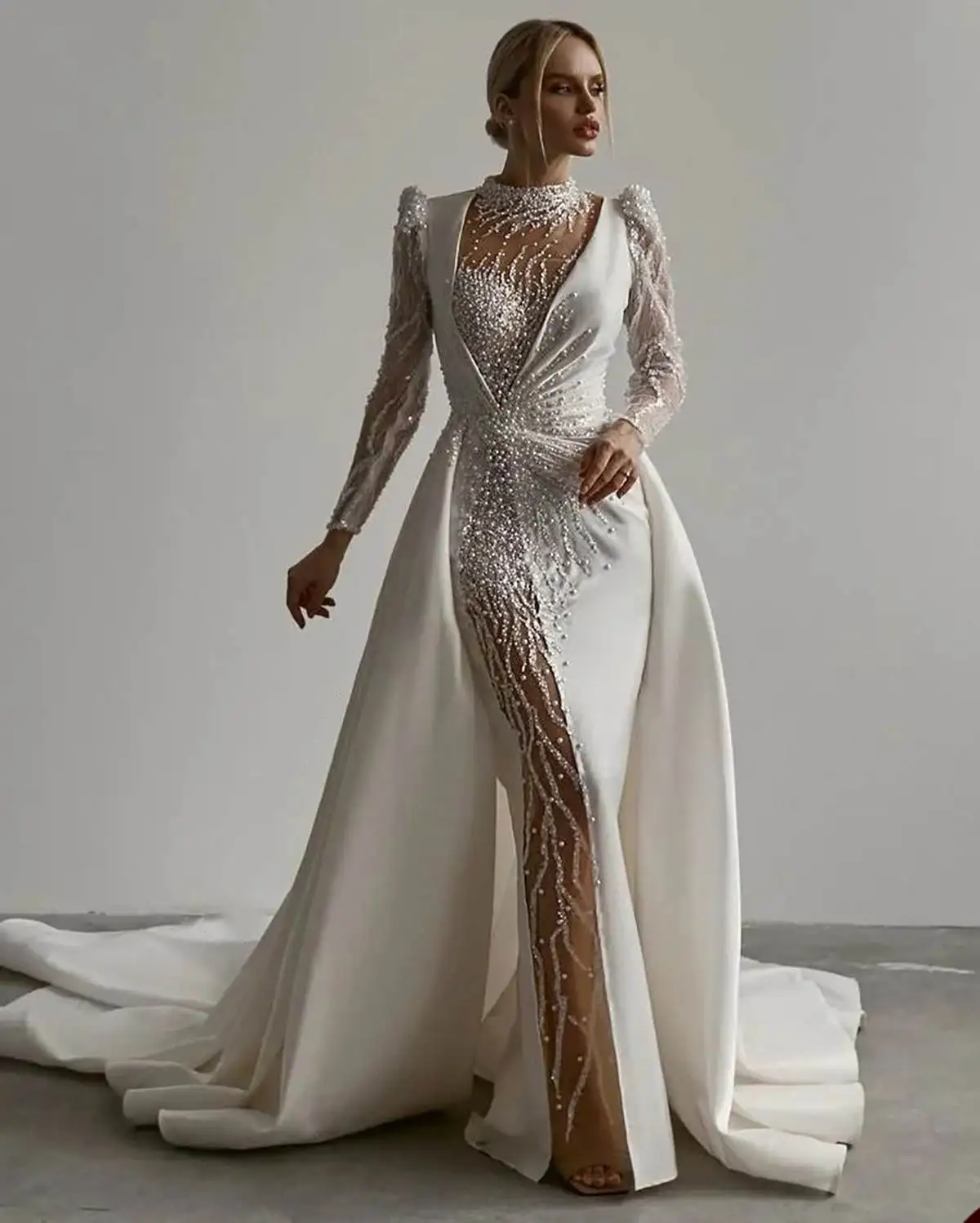 Picture-post Mermaid Wedding Dresses Backless Pearls Sequins Long Sleeve Bridal Gowns Prom Dresses Vestido de novia Customized