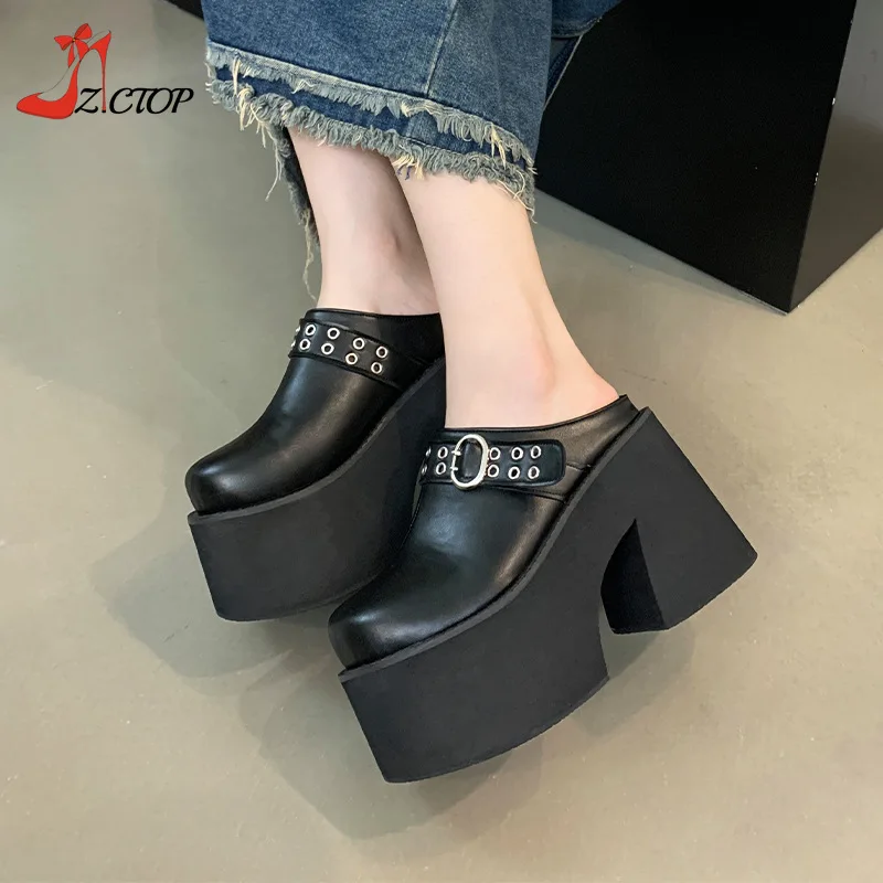 

Super High Heel Thick Bottom Women Slippers Big Size Chunky Platform Sandals Closed Toes Mules Black Goth Shoes Size 41 42