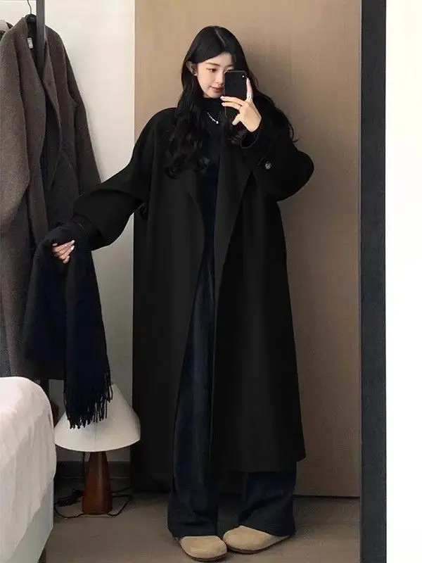 Oversize Mid-Length Woolen Coat Women's Autumn Winter Loose Fitting Meat Covering Student Tweed Jacket Windbreaker