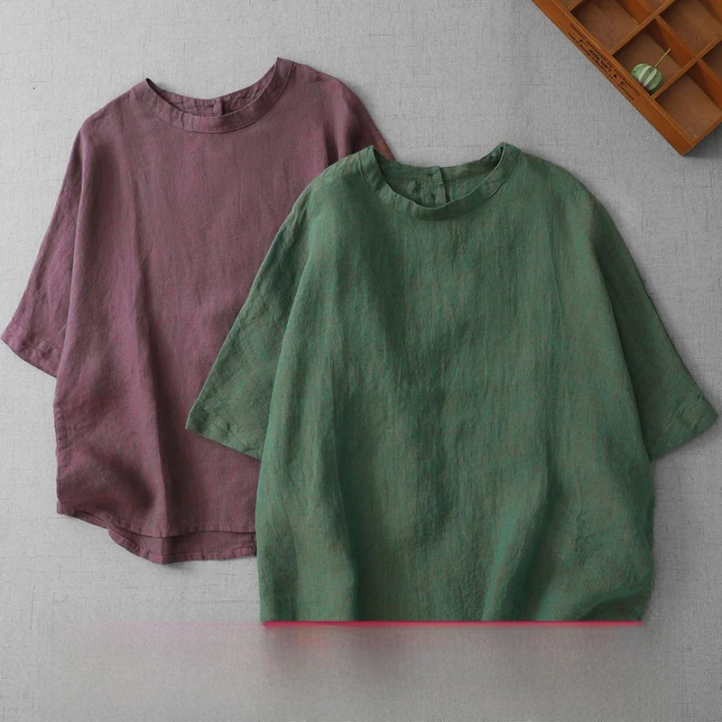 

Casual Cotton Linen Women's Top Loose Short Sleeve round Neck Vintage Cool Shirt Summer Fashion Inner Wear Large Size