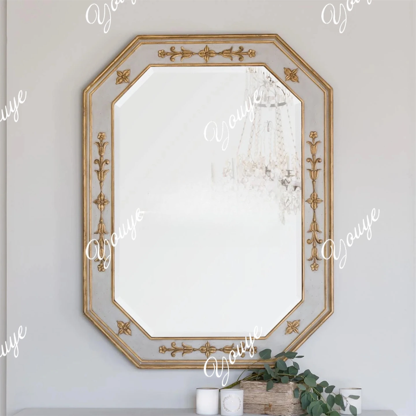 European antique vanity mirror gray old veneer gold painted French retro vanity mirror solid wood carving flower export