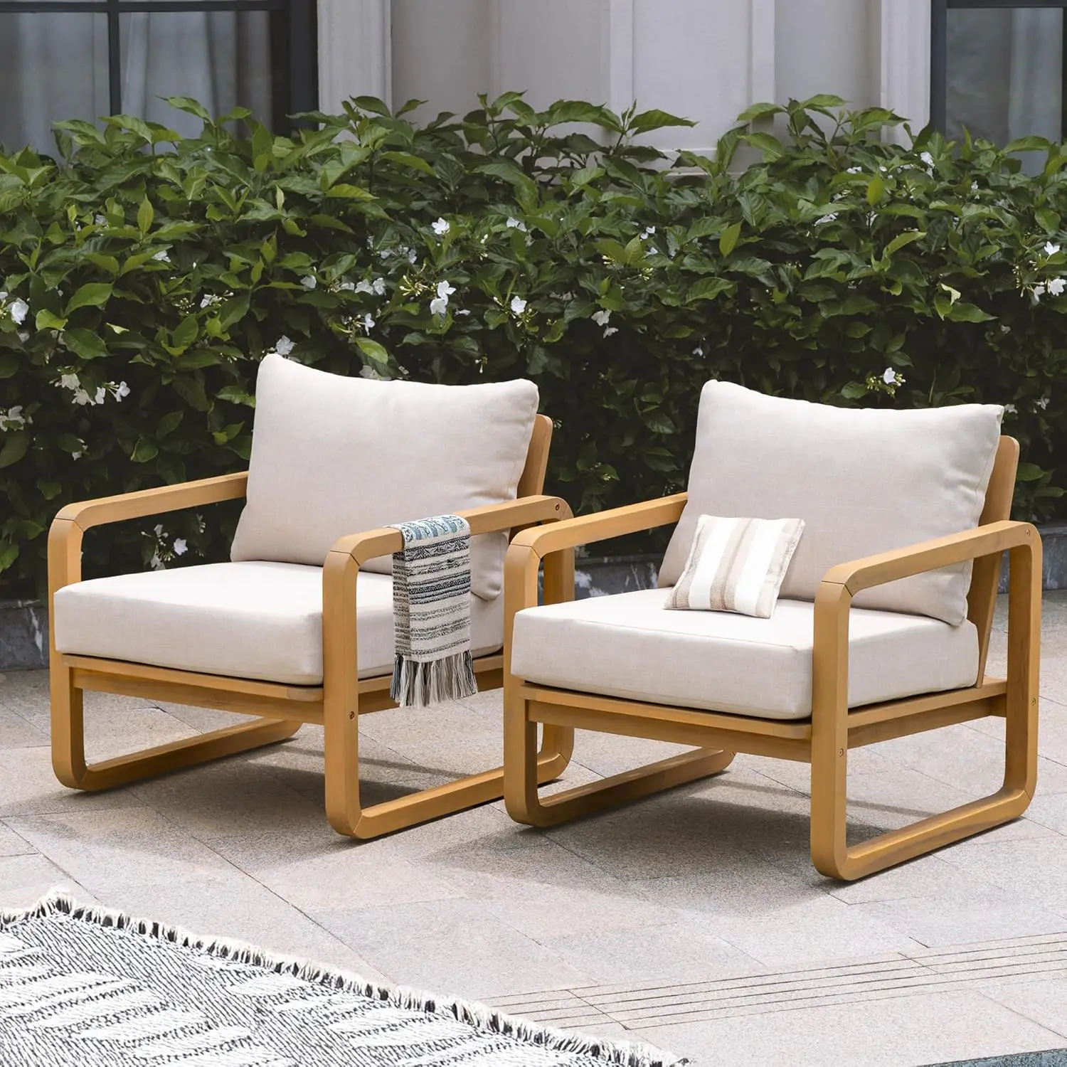 Idzo Ivy Wood Club Chair Juego de 2 - Tela Beige, Sillón de Madera para Exteriores con Cojines para Patio, Jardín o Balcón Re