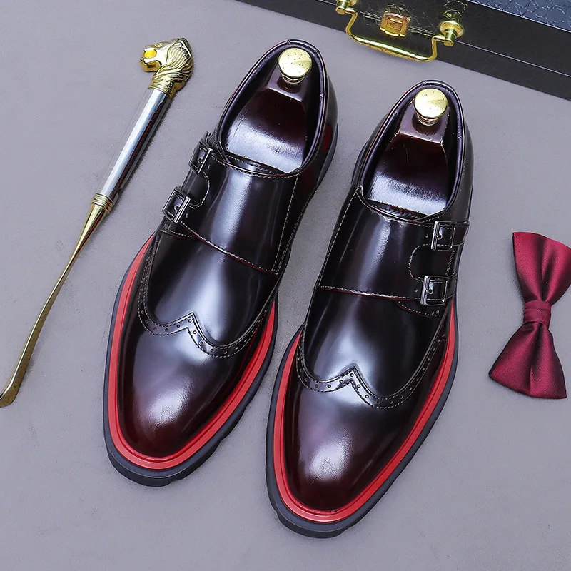

Men's Genuine Leather Double Monk Strap Dress Shoes Burgundy Brogue Details Low Top Formal Business Casual Thick Sole Footwear