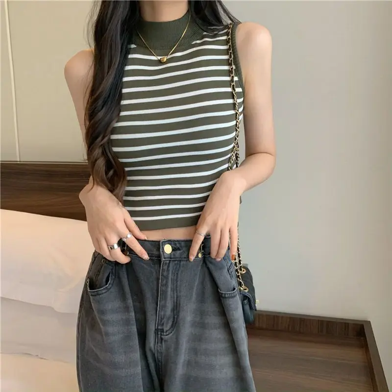 Striped Semi-turtleneck Knit Vest Women's Undershirt Summer 2023 New Slim Fit Sleeveless Off-the-shoulder Top Crop Tops