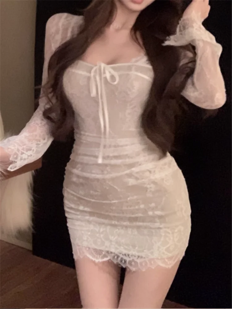

Кружевное лоскутное белое короткое платье с квадратным вырезом и длинными рукавами для женщин, новое осеннее элегантное облегающее платье-карандаш, тонкое мини-платье для вечеринок