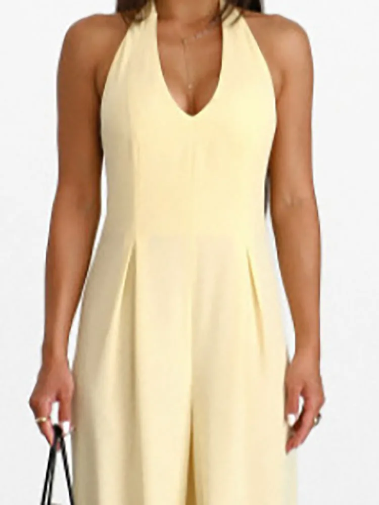 

Fashion Hight Waist With Cape Party Romper Women's Sexy Backless Tie-Up Playsuit Elegant Halter Sleeveless Draped Long Jumpsuit