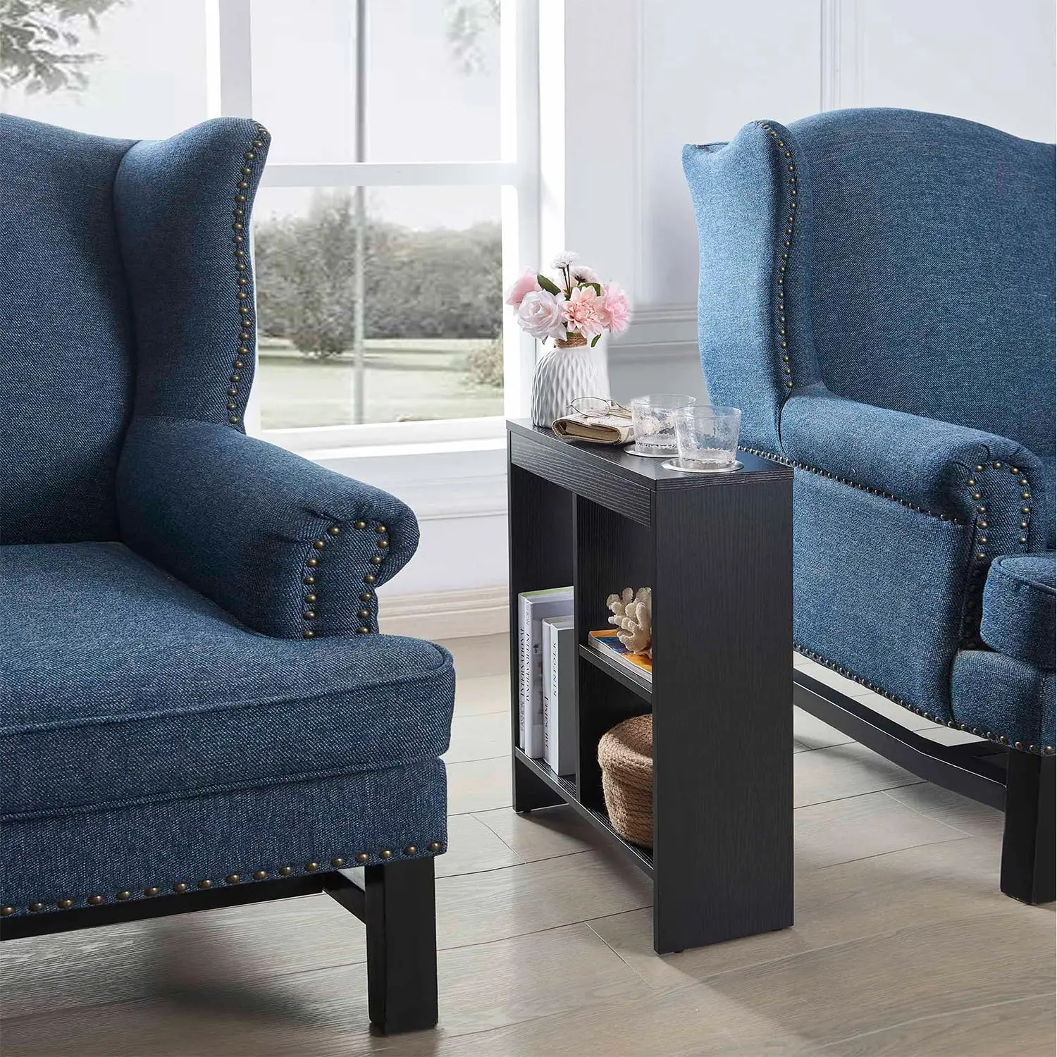 

Narrow Side End Table with Drink Holders & Storage Shelves, Slim Sofa Table with Magazine Holder for Living Room, Bedroo