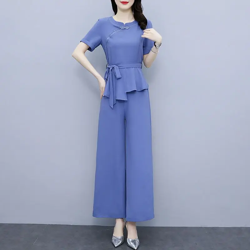 Pantaloni a gamba larga per donna estate 2023 New Fashion Office Lady Solid o-collo Top irregolare Pantstuits 2 pezzi abiti femminili