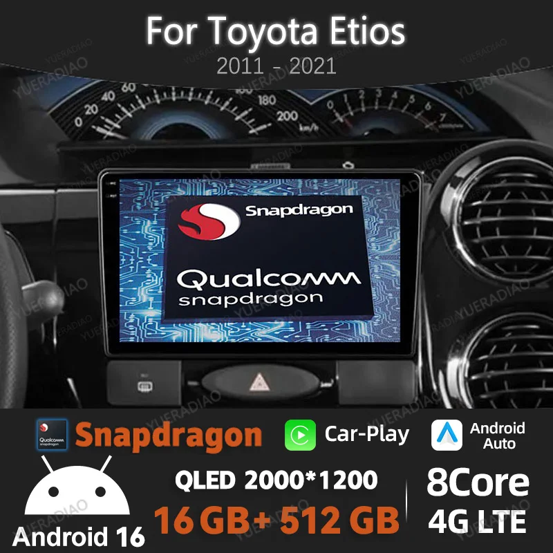 Rádio Automotivo Android 16 para Toyota Etios 2011 - 2021 Carplay Multimídia Central 2DIN Bluetooth com Tela Touchscreen