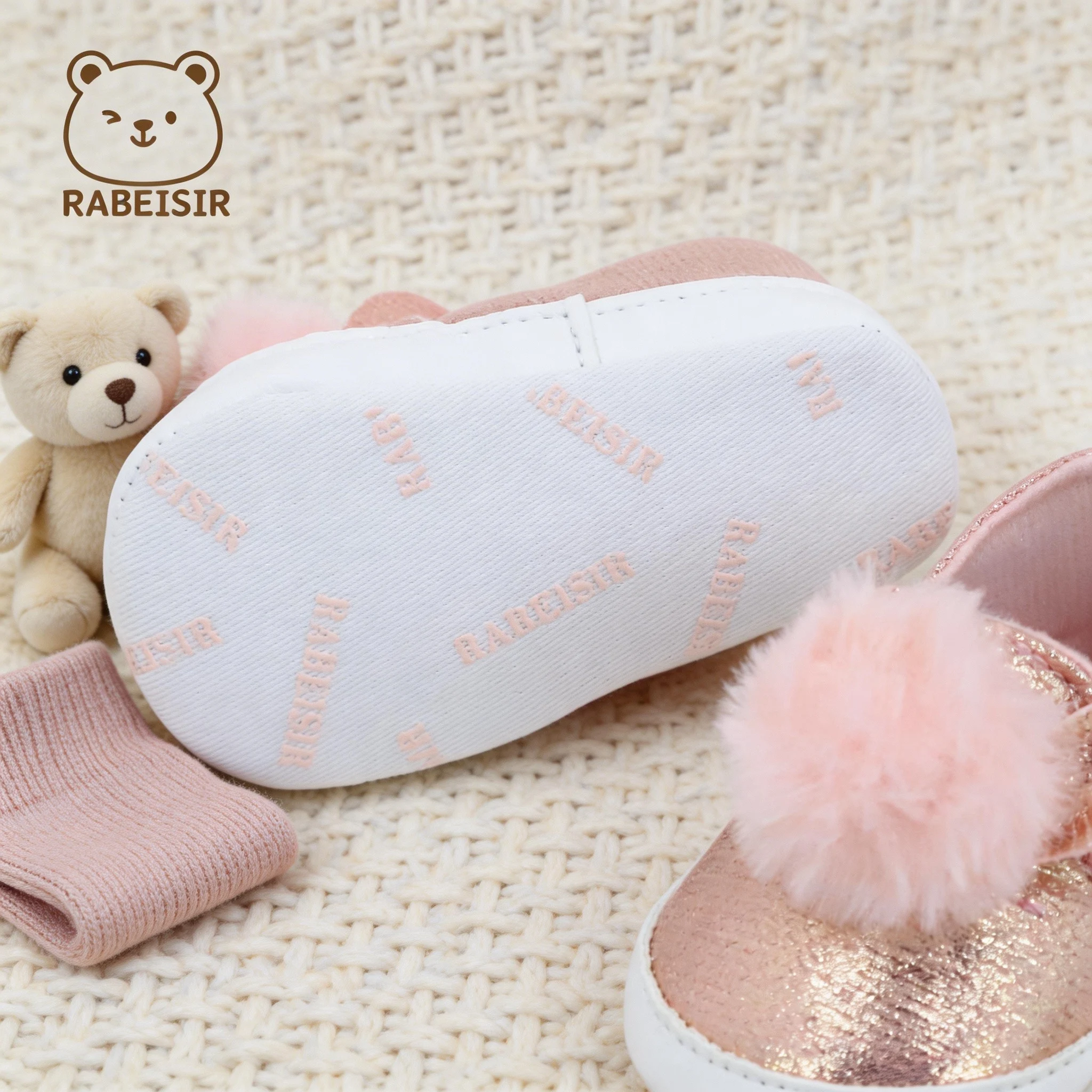 Baby Toddler Shoes with Soft Soles, Princess Shoes, Rose Gold Shiny Fur Ball Slip-On Casual Shoes, Ins-Style Pink Gold Baby Girl Shoes, Lightweight Soft-Soled Pre-Walking Shoes for 0-18 Months