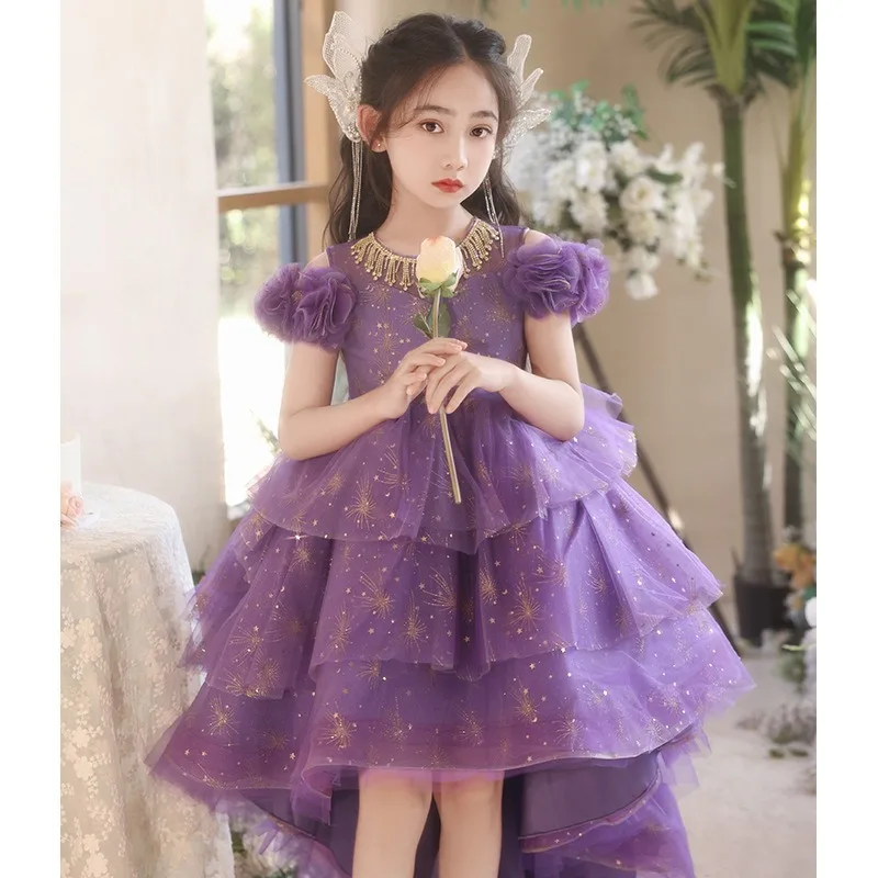 New girl purple dress sweet front short back long sweet princess dress host flower girl wedding piano performance dress