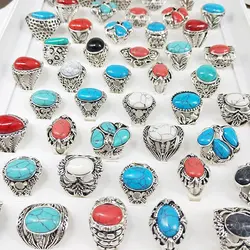 10pcs Colorful Natural Stone Rings Jewelry For Women Men Vintage Antique Silver Plated Rings Wholesale Jewelry Anillos