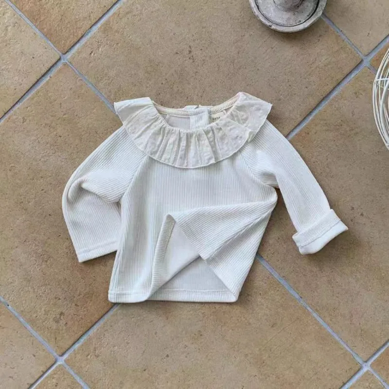 

Футболка для маленьких девочек, весна-осень 2024, модные милые однотонные свободные универсальные топы с длинными рукавами в корейском стиле