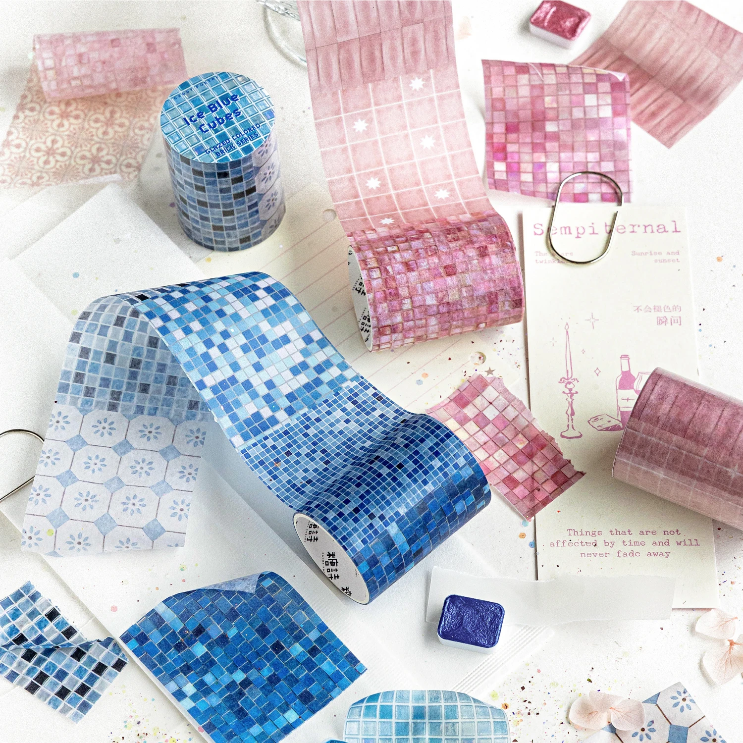 Glazed Colored Tiles and Washi Tape with High Aesthetic Value, Ins-Style Mosaic Grid Border, Journal Decoration Stickers