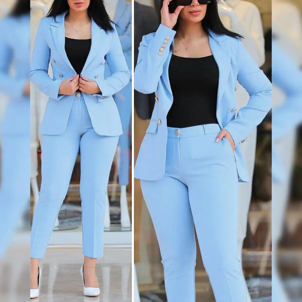 Long Sleeve Pants Suit Elegant Double-breasted Women\'s Coat Pants Suit for Formal Business Commute Slim Fit Jacket with High