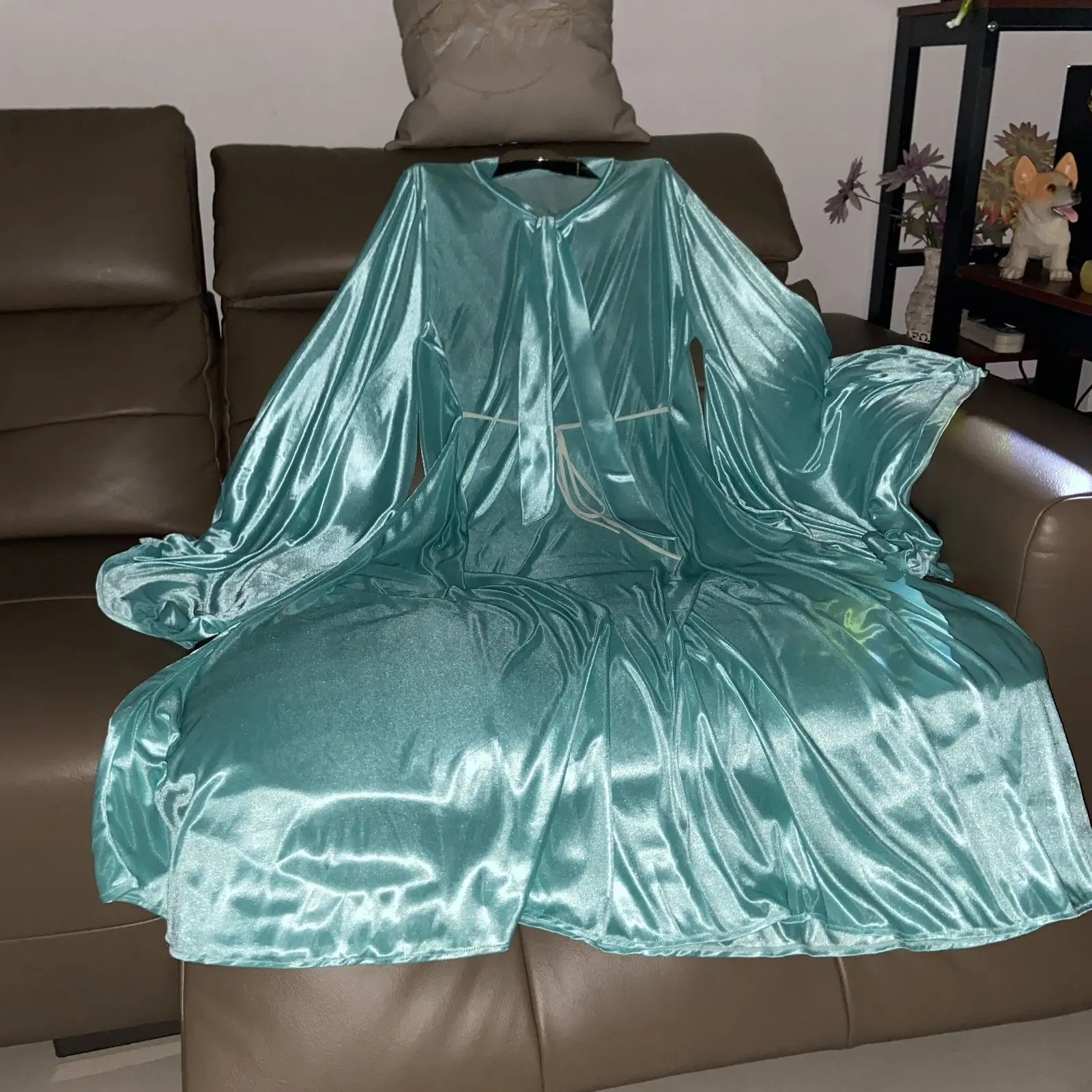 Glanzende dames satijn zijde lange mouw jurk losse maxi-jurk plus size slaappyjama gewaad