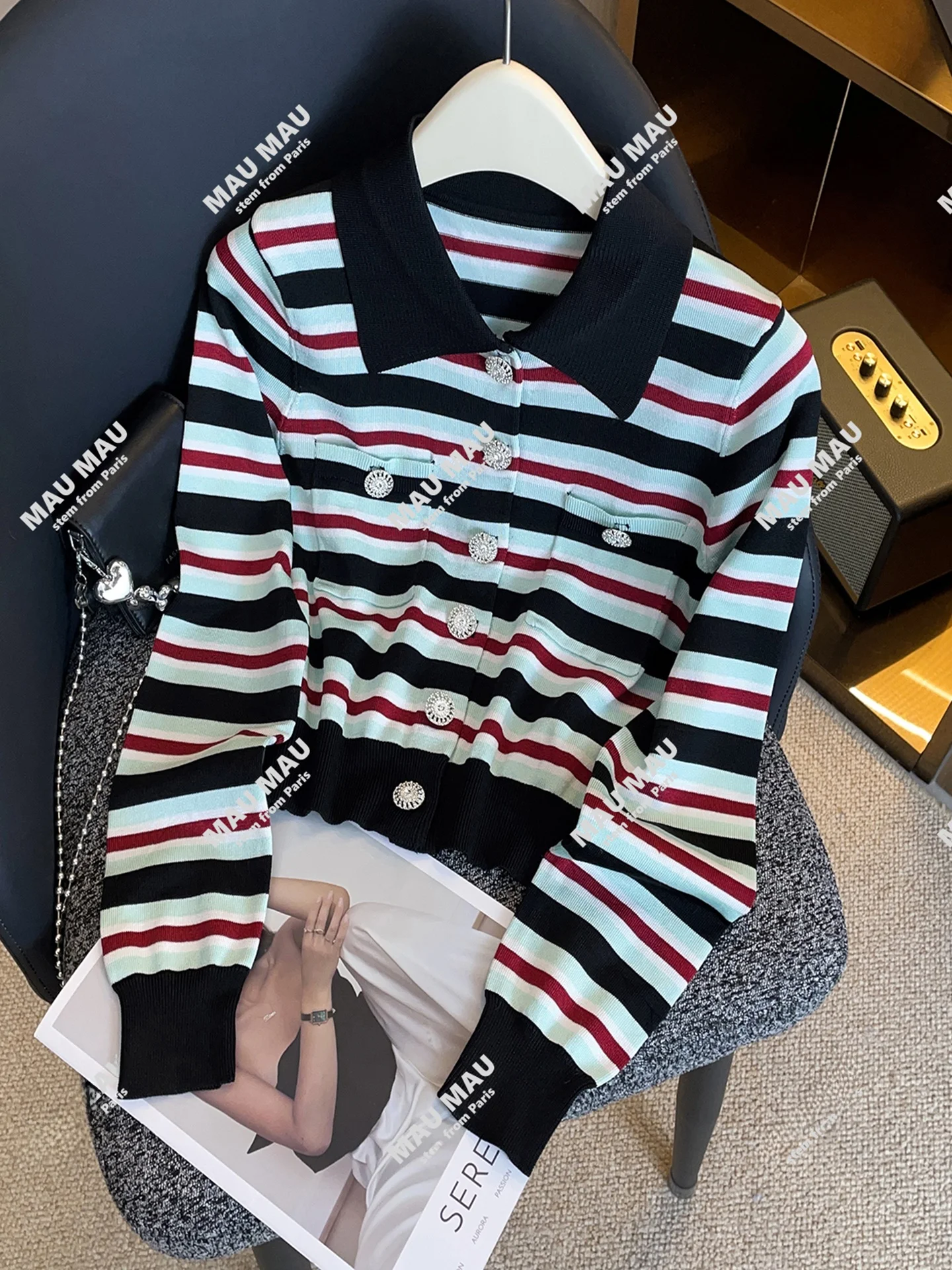 

High-End Women's Casual Striped ort Knitted Open Cardigan Top by SP Home South Oil Autumn 2025 Commute Sle Regular Fit